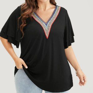 Crochet Lace Ruffle Tiered Sleeve V Neck T-Shirt